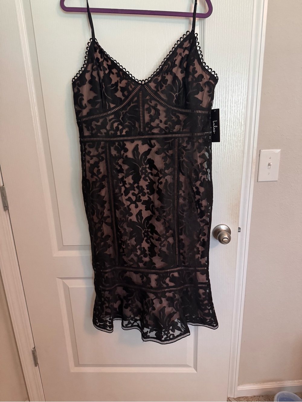 Lulu's Black Lace Overlay Slip Dress with Nude Lining